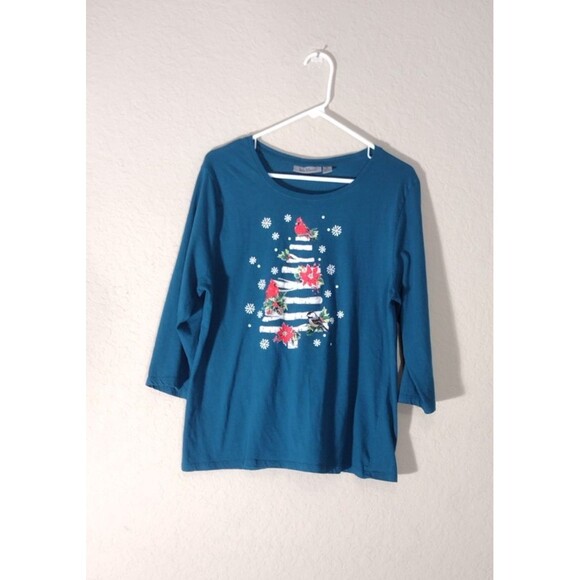 Jason Maxwell Womens XL Christmas Top Blue 3/4 Sleeves Tree Cardinal Bird Snow - Picture 1 of 5